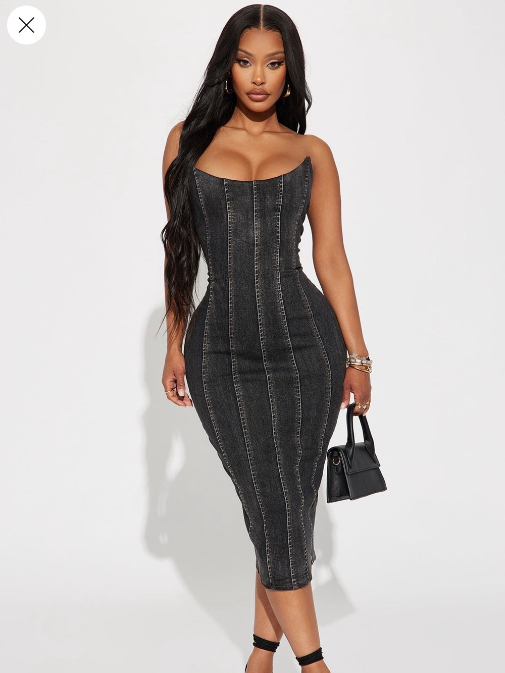 Fashion Nova Black Washed Denim Corset Midi Skirt